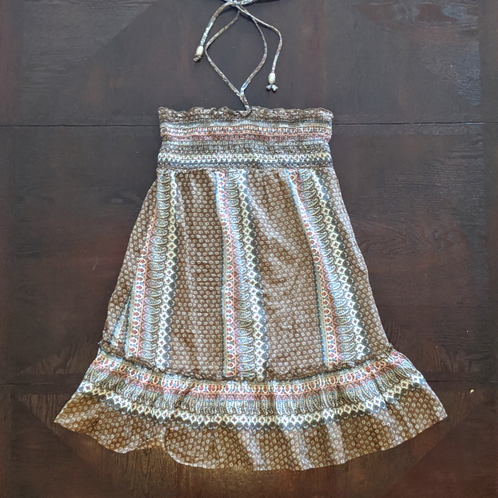 Boho Halter/Strapless Tunic Top Dress Ruffle Hem and Silver Bead Detail - M